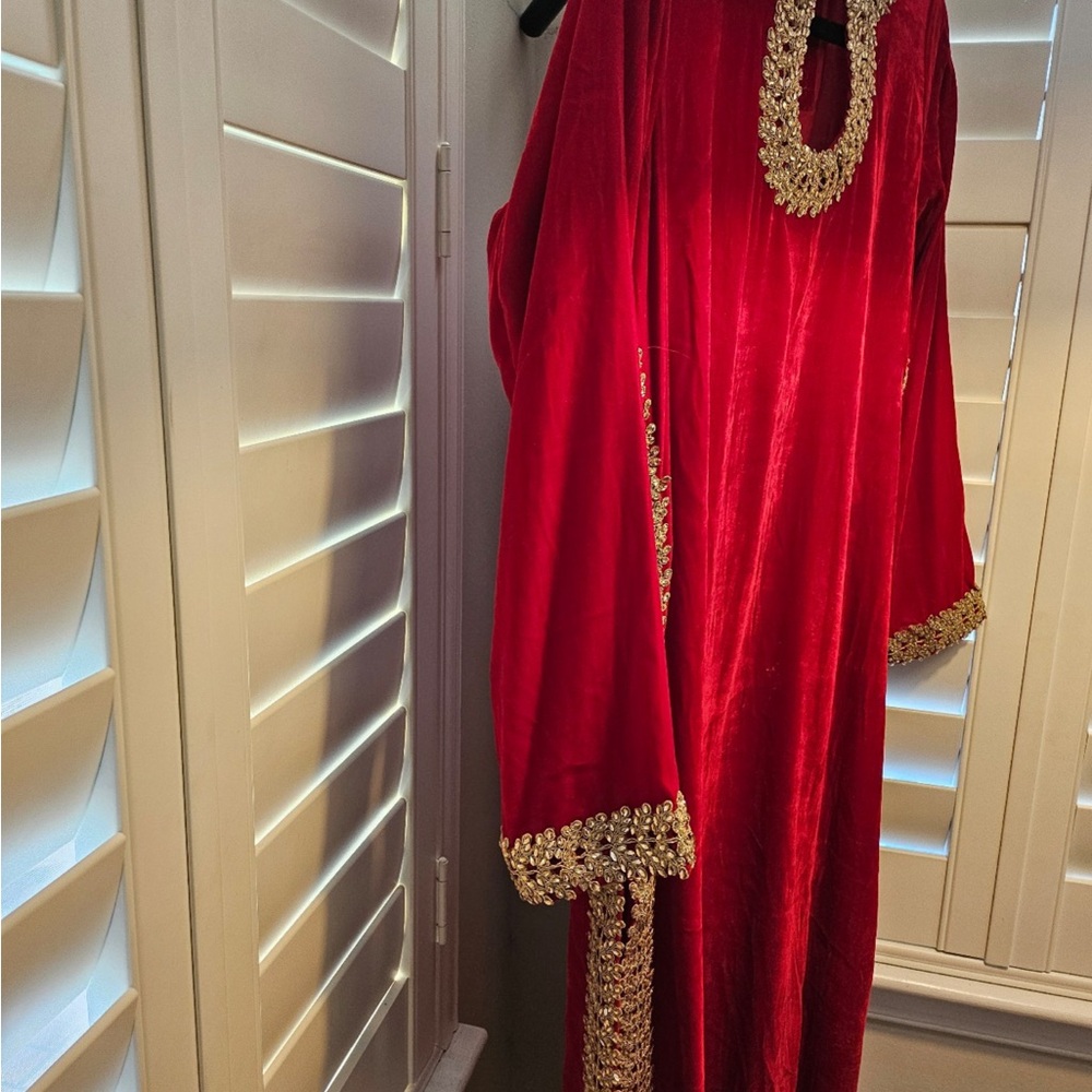 Red Velvet Embellished Women's Coat